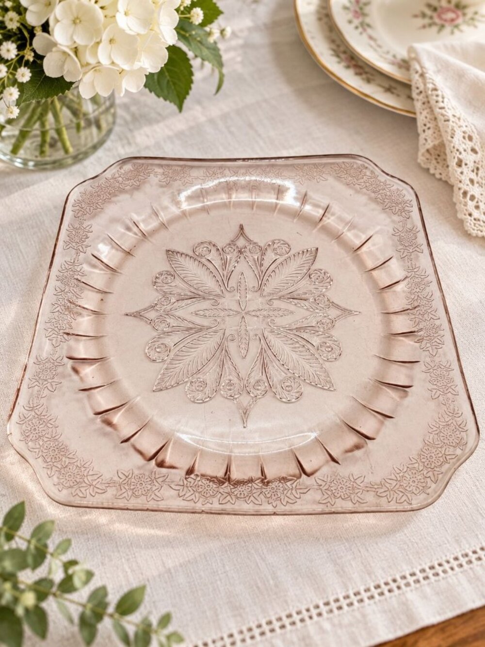 Pink Depression Glass Square Serving Plate With Intricate Floral Etching Pattern